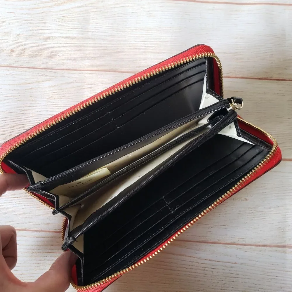 Kate Spade Leather Neda Bridge Place Zip Around Long Wallet Bow Pink Red